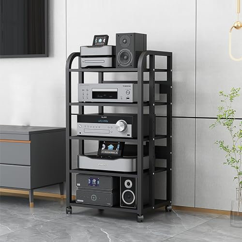 mobile hifi mobile stereo rack hi-fi Torre Audio Rack a 5 Livelli con Ripiani Regolabili - Mensola Angolare per Giradischi - Mobile Stereo con Struttura in Metallo e Ruote Girevoli a 360° per Soggior