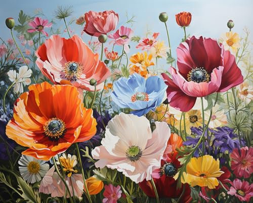 TISHIRON Fleurs Peinture par numéros pour adultes débutants kit d'art fleurs au printemps décoration murale maison 3 pinceaux peinture acrylique 40 x 50 cm