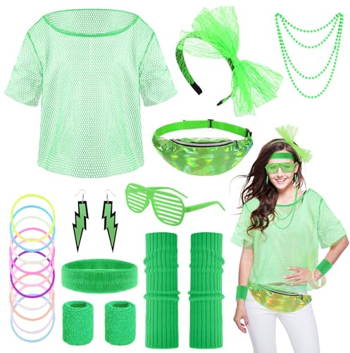 Partideal 90er 80er Jahre Outfit Damen Set,24 Stücke 80er Jahre Workout Kostüm mit Neon Netzshirt Beinwärmer Stirnband Armband Ohrringe Halskette Brille Bauchtasche für Karneval Halloween(Grün)
