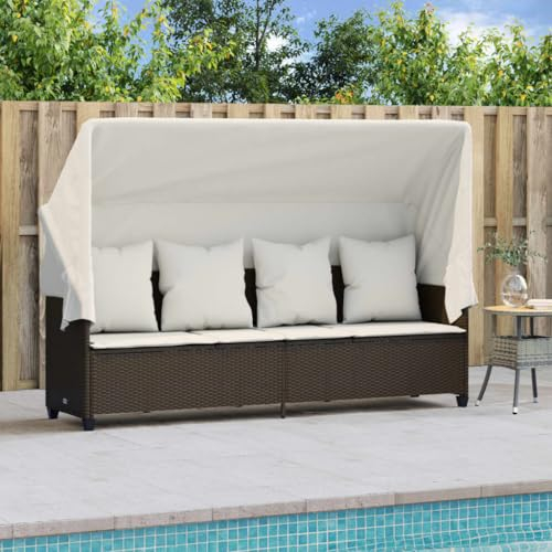 Homgoday Sonnenliege mit Ausziehbar Dach und Kissen Gartensofa Gartenmöbel Loungebett Sofa Gartenbett Gartenmöbel Liege Relaxliege für Garten Terrasse Balkon Braun Poly Rattan