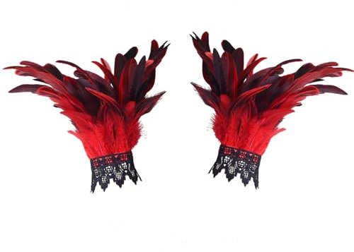 Chyuxinda Damen Gothic Feder Manschetten Kostüme Handschuhe Handgelenk Band für Halloween Karneval (Rot, Einheitsgröße)