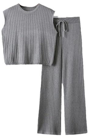 2-teiliges Strickset für Damen, ärmellos, Rundhalsausschnitt, Pullover und Hose, einfarbig, schmal, 2-teiliges Outfit, Dunkelgrau9, Einheitsgröße
