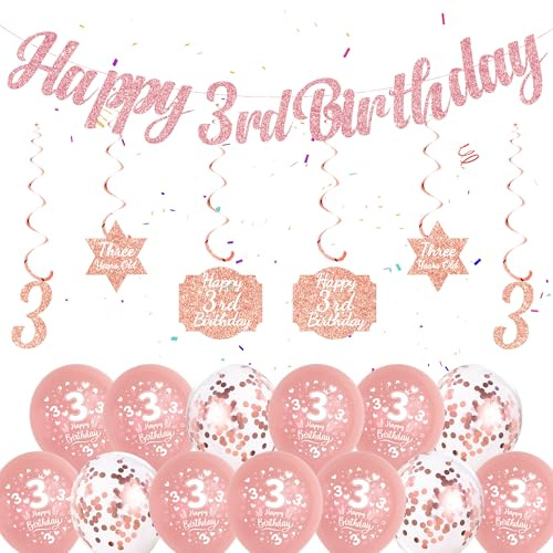 Rose Gold 3rd Birthday Decorations for Girls - Happy Birthday Banner, Hanging Swirls, Confetti Balloons for Three Years Old Party