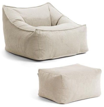 mokebo Sitzsack Sessel mit Hocker aus Cord 'Der Lümmel', XXL Sitzsack, Cord Sessel oder Sitz Sessel für Wohnzimmer und Wintergarten, auch als Riesensitzsack in 83x73x60 (BxHxT in cm) in Beige