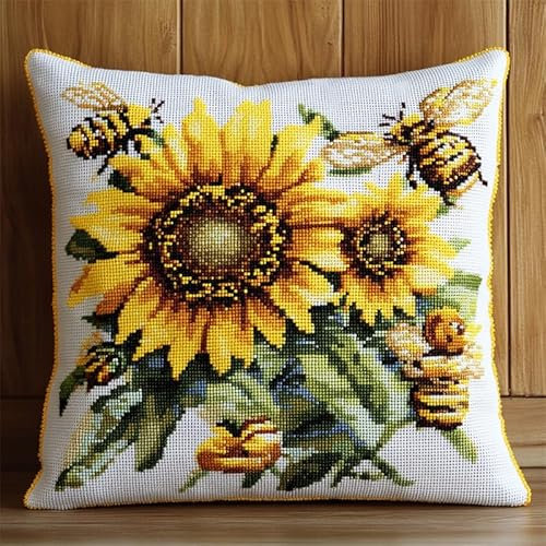 Kissenbezug Zum Besticken Kreuzstich, Blumen Stickkissen mit Muster 45X45cm Stickpackung Stickset Kreuzstich Kissen zum Basteln Stickkissen Stickpackung