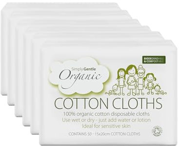 Simply Gentle Organic Dry Wipes/Cotton Cloths Perfect for Sensitive Skin - Pure Cotton Cloths for Newborn Baby - Free from Odours Parabens & Alcohol - Multi-Purpose - Disposable Cloth - 50 (Pack of 6)