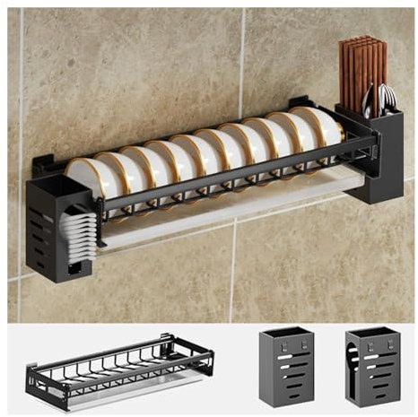 Escurridor de platos de pared de acero inoxidable con soporte para palillos, estante de almacenamiento colgante de cocina para cuencos, platos, vajilla