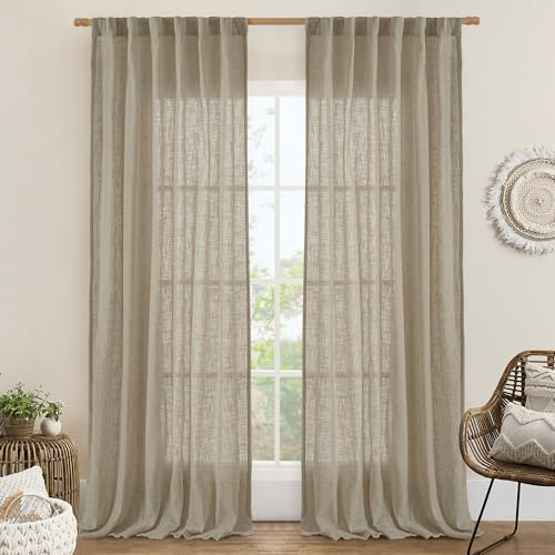 LAMIT Leinen-Vorhänge, 228 cm, Taupe, für Wohnzimmer, Rückenlasche und Stangentasche, Leinenstruktur, Bauernhaus-Vorhänge, lichtfilternde Vorhänge für Schlafzimmer/Esszimmer, 2 Stück, 132 x 228 cm