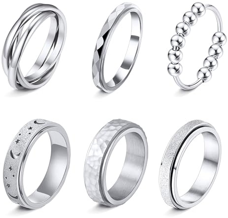 LOFITOR 6 Stück Angst Anti-Stress Ringe Fidget Anxiety ADHS Ring Set | Drehbare Spinner Anti Angst Swivel Ringe Aus Edelstahl Für Damen Und Herren Mit Zirkonia, Mond Und Stern