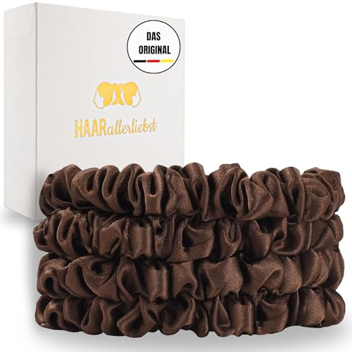 HAARallerliebst® 4er-Set 100% dünne Seide Scrunchie Haargummis mit Pappschachtel, Haargummi für jeden Tag, Haarpflege Scrunchies, ohne Haarschäden (braun, dünn)