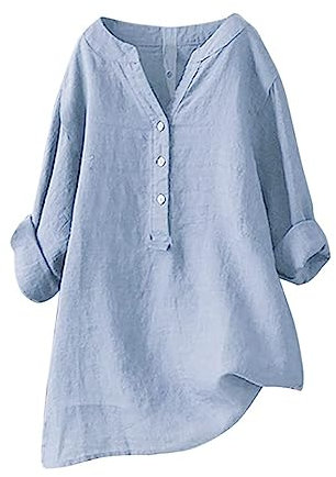 Longbluse Damen Sommer Musselin Bluse Leinen Blusen Langarm Shirt Elegante Lange Oberteile Bügelfrei Tuniken Große Größen Tops,Blau,L