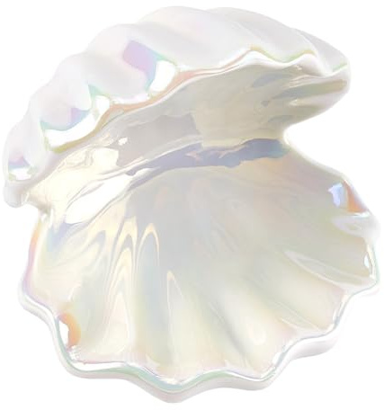 CREATCABIN Shell Jewelry Dish Tray Ceramic Trinket Tray White Clamshell Jewelry Organizer Dish Ring Holder Tray Key Bowl Decorative Plate Storage for Rings Necklaces Earring Watch 4.5x4.5x4.5Inch