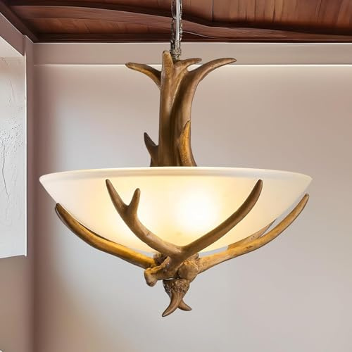 VTAMng Rustikaler Geweih Kronleuchter 3 flammige Geweih Pendelleuchten Kücheninsel Harz Esszimmerbeleuchtung Bauernhaus Glasschirm für Esszimmer Schlafzimmer Restaurant Foyer Eingangsbereich Bar Café(