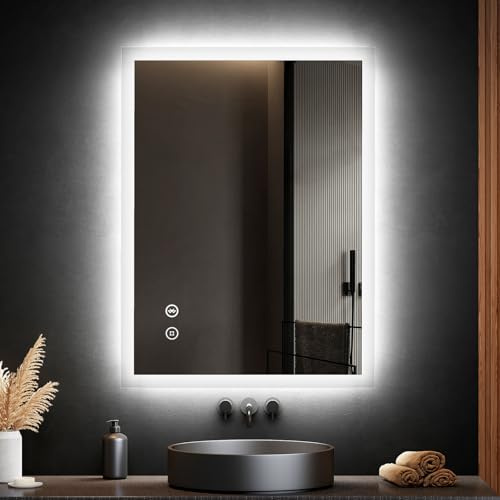 EMKE Bathroom Mirror with Lights and Shaver Socket, 600 x 800 mm Backlit LED Bathroom Mirror with Bluetooth Speaker/Safety Shaver Socket/Anti-fog/Dimmable, Hardwired, Vertical/Horizontal, IP44