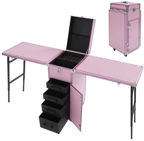 ROMYIX ﻿Nail Desk,Portable Nail Table with 2 Foldable Tabletops & 4 Drawers Storage,Professional Manicure Table Aluminum Makeup Trolley on Wheels for Salon Travel Use, 2 Keys+Combination Locks (Pink)