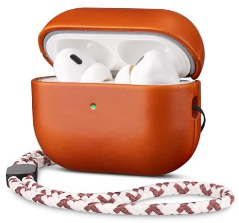 RIXENY Leder Hülle für AirPods Pro 3, Echt Lederhülle für AirPods Pro 3. Generation (2025), MagSafe-kompatibel, Vollschutz-Hülle mit Handschlaufe, LED-sichtbar, Orange