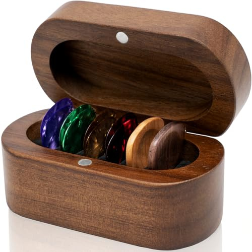Onmiwod Guitar Pick Holder Set with 2 Color Wood Picks and 8 Celluloid Picks in 3 Thicknesses, Wooden Guitar Pick Case, Mini Jewelry Box, Guitar Music Accessories Gifts for Guitar Lover Player