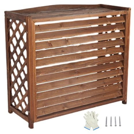 Cubre Aire Acondicionado Exterior, Sin Excavación, con Tapa para Macetas, 4 Paneles, para Aire Acondicionado, Decoración de Jardín y Patio(Brown,80x32x70cm/31x13x28in)