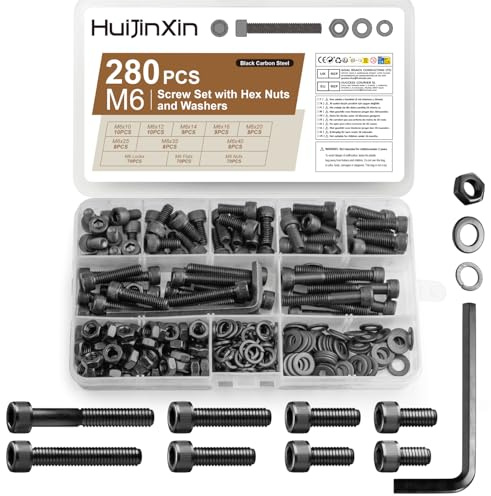 280 Stück M6 Schrauben Set, Innensechskantschrauben Muttern Set, Zylinderschrauben mit Muttern mit Unterlegscheiben Sets, Schwarz Maschinenschrauben Sortiment, Gewindeschrauben Set