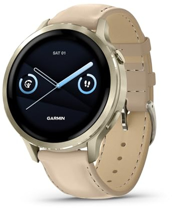 Garmin Venu® 4, 41mm, Advanced Health and Fitness GPS Smartwatch, Bright Colorful Display,Built-In Flashlight,10 Days of Battery Life,Lunar Gold/Bone Silicone Band and Light Sand Leather Band -2 bands