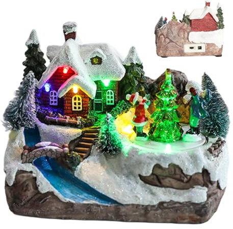 Musikaliskt julby hus, harts elektriska julby figurer med snurrande julgran och LED-ljus för hemmafest, USB/batteri (inget batteri).