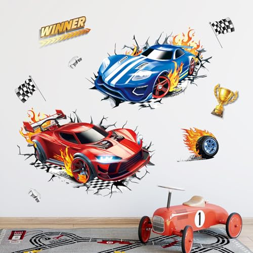 FUFUQUARE 3D Auto Wandtattoo Rennwagen Wandsticker Zerbrochene Wand Sportwagen Wandaufkleber für Kinderzimmer Wohnzimmer Spielzimmer Hause Wanddeko