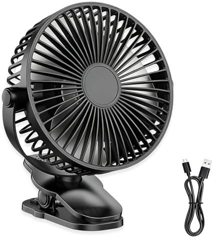 Aicharynic Ventilador mini USB con clip de 10000 mAh, recargable, ventilador de mesa silencioso con rotación de 720°, adecuado para casa, oficina, camping, cochecito, color negro