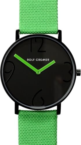 Rolf Cremer Flat 44 Armbanduhr, Quarzwerk, Edelstahlgehäuse, Mineralglas, Grünes Zifferblatt, Schwarz, 44 mm, Flach, Urban-Kreativ