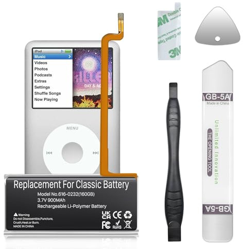 EVELLHPP 900mAh Ersatzakku für iPod der 5., 6. und 7. Generation Video Classic, 5. Gen(30 GB),6. Gen(80 GB), 6,5. Gen(120 GB), 7. Gen(160 GB) mit Werkzeug Montageanleitung