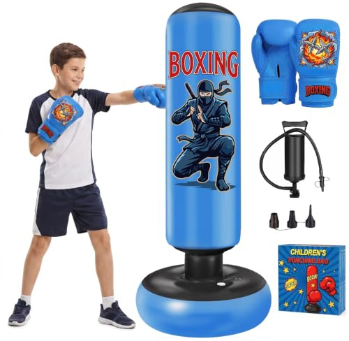 Sac de Boxe pour Enfants, Qoosea 165cm Sac de Frappe Gonflable Box Set avec Gants de Boxe, Punching Ball Enfant pour Karaté, Taekwondo, Idéal Cadeau pour Garçons & Filles