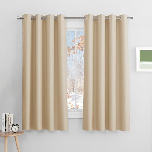 PONY DANCE Gardinen Schlafzimmer Ösenvorhang 2er Set Verdunklungsvorhänge Wohnzimmer Gardienen Kurz Vorhang Beige Blickdicht, H 158 x B 132 cm, Biscotti Beige