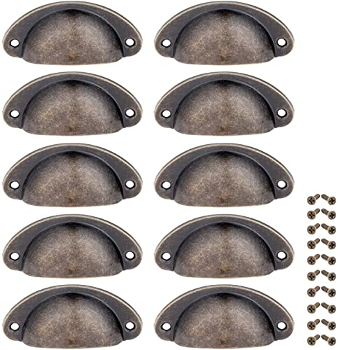 Yetaha 10PCS Cabinet Cup Pull Handle, 82x35mm Drawer Shell Pull Handles, Retro Antique Kitchen Cupboard Pulls, Antique Bronze