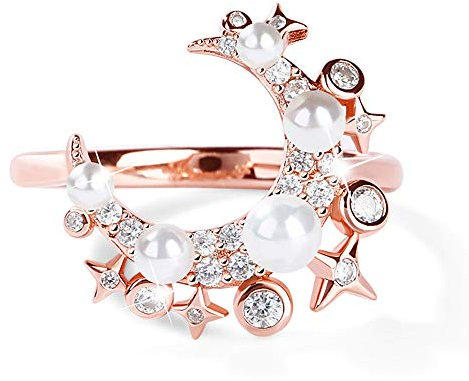 GNOCE 925 Sterling Silber 18k Rose Gold überzogener Mond und Sterne Ring mit CZ Steinen und Perlen Schöne Nacht Schillernde Ring für Frau Mädchen (Rosegold, 54 (17.2))