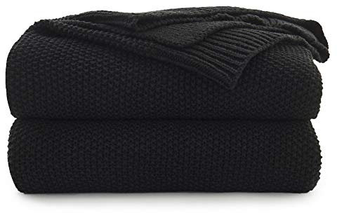 Black Cotton Cable Knit Throw Blanket for Couch Sofa Chair Bed Home Decorative, 3.4 Pounds 60 x 80 Inch Woven Throw Blankets with Bonus Laundering Bag