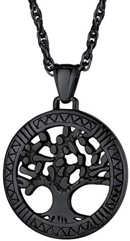 FOCALOOK Collier Homme Rond Noir Pendentif Arbre de Vie Ciselé avec Chaîne 55+5cm Réglable 3mm Bijou Judaïque