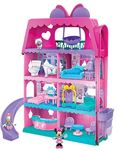 Just Play Disney Junior Minnie Mouse Bow-Tel Hotel, 2-Sided Playset with Lights, Sounds, and Elevator, 20 Pieces, Includes 3 Figures, Kids Toys for Ages 3 Up by