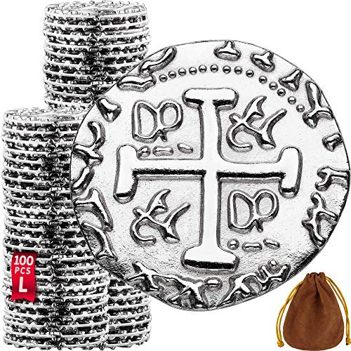 Piraten Münzen Zubehör, 100 Silbermünzen-Set, Metall Goldtaler Deko Dublonen für DND Brettspiele, Cosplay, Realistische Mittelalter Geld-Imitation, Piratenschatz, L Größen