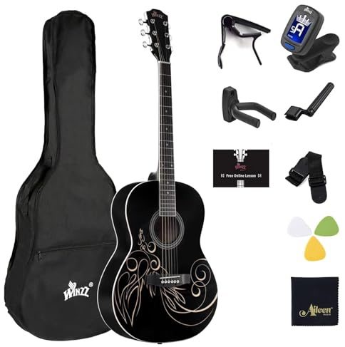 WINZZ AF227A 39 Inches Concert Acoustic Acustica Guitar with Full Kit, Delicate Vine