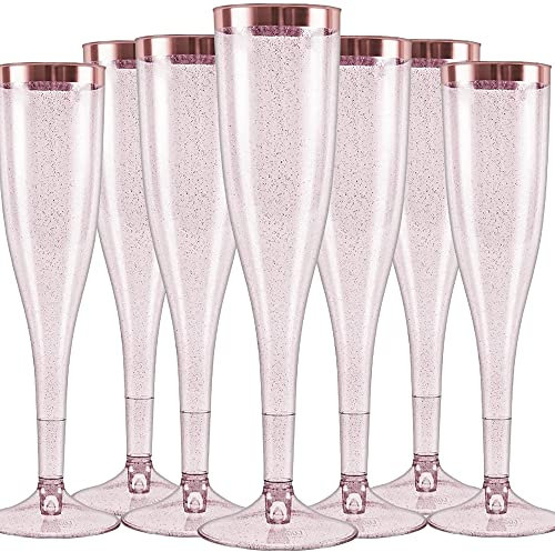 Oojami 48 Plastic Disposable Champagne Flutes Classicware Glass Like Ideal for Wedding, Toasting, Mimosa and Showers Flutes champagne glasses for parties or any occasions (48, Rose Gold W/ Gold Rim)