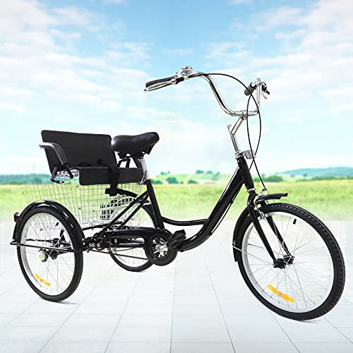 Fetcoi 20 Zoll Dreirad Erwachsenenfahrrad 3 Rad Premium Dreirad mit Kindersitz und Outdoor Sportkorb, schwarz