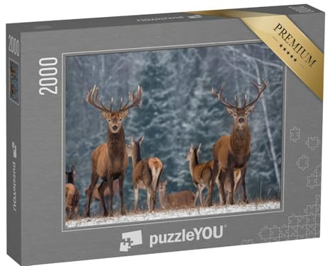 puzzleYOU: Puzzle 2000 Teile „Eine Herde von Hirschen im winterlichen Wald“ – aus der Puzzle-Kollektion Hirsche, Tiere in Wald & Gebirge