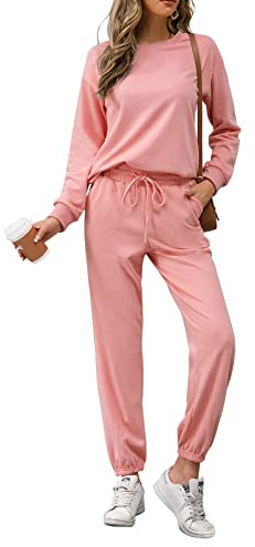 REORIA Damen Tracksuit Langarm Rundhalsausschnitt Einfarbig Zweiteiler Outfit Hoodie Jogger Trainingsanzug Set Sweatshirt & Jogginghose Rosa S
