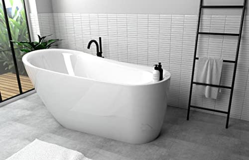 ECOLAM Baignoire autoportante en acrylique Elke 160x80cm avec rebord pratique et confortable + Ensemble de vidage avec trop-plein. Baignoire îlot en acrylique blanc