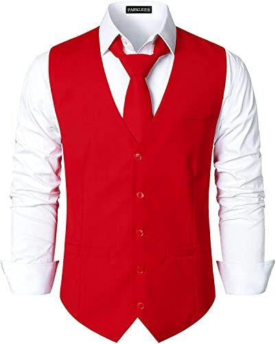PARKLEES Gilet de smoking pour homme, style hipster, style urbain, affaires, formel, coupe ajustée, Rouge, L