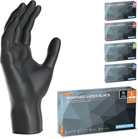 ARNOMED 100x Einweghandschuhe L, Latexhandschuhe Schwarz (1x100 Stk) Einweghandschuhe puderfrei, Handschuhe Latex Einweg, Putzhandschuhe, Latex Handschuhe, Einmal-/Einweg-Handschuhe XS, S, M, L & XL