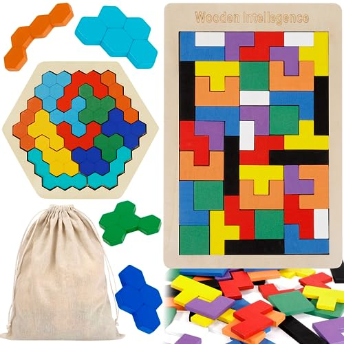 Vyndicca Montessori Spielzeug ab 3 4 5 Jahre,2 in 1 Holz Tangram Puzzle Set,Hölzernes Sechseck-Puzzle Tetris Spiel Kinder,Geschenk für Jungen und Mädchen