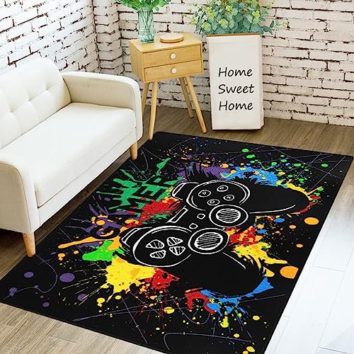 Capslpad Gaming Rug for Boys Room 160x100cm Machine Washable Gamer Controller Area Rugs Non-Slip 3D Printed Gamepad Kids Play Mat Short Pile Floor Carpet Rugs for Boys Teens Bedroom Living Room Decor