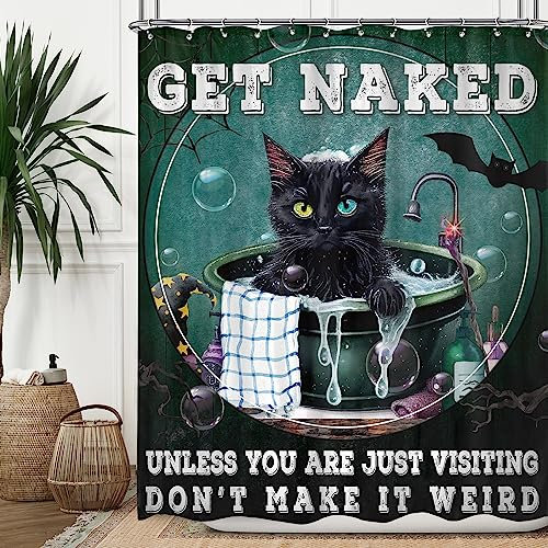 Omifly Rideau de douche motif chat noir 152,4 x 183 cm (l x H) - Motif animal amusant dans la baignoire - Sorcière rétro - Citations magiques - Vert foncé - Halloween - Chauve-souris - Avec 12
