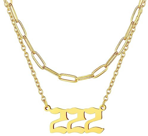 FindChic Angel Number Kette 222 Layered Halskette Gold Damen Mädchen Engelszahl Anhänger Kette Nummerkette Freundschaftskette für Geburtstag Weihnachten