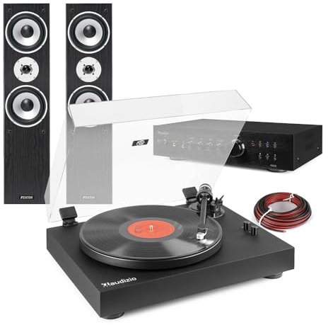 Audizio RP340 Vinyl Record Player with SHFT60B Tower Speakers and AD220B Amplifier - Complete Home Stereo HiFi Turntable with Speakers, Bluetooth & RCA Connectivity, Black Finish System